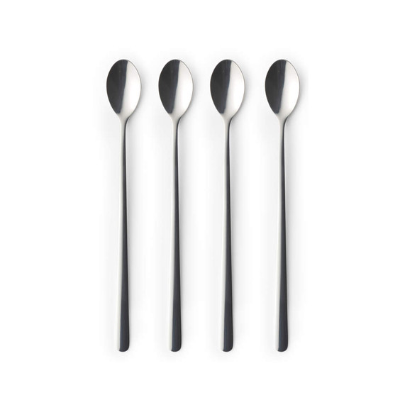 Set of four silver long-handled spoons shown on white background