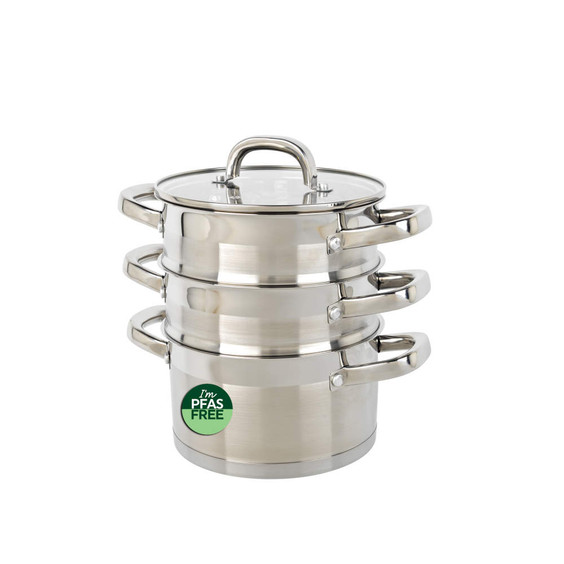 Three-tier stainless steel steamer pot set with glass lid and PFAS free label