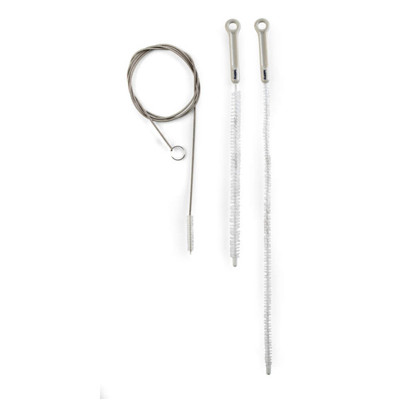 Set of three white flexible cleaning brushes for radiator and pipe cleaning.