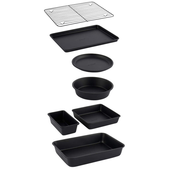 Seven-piece black non-stick bakeware set shown isolated on white background
