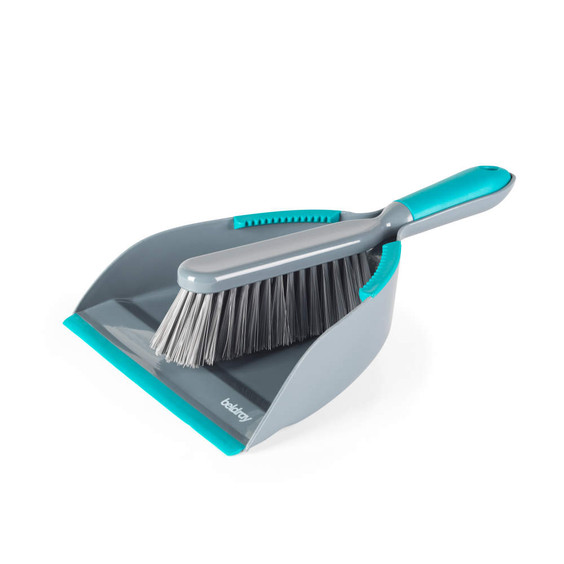 Grey dustpan and brush set with turquoise accents, shown angled