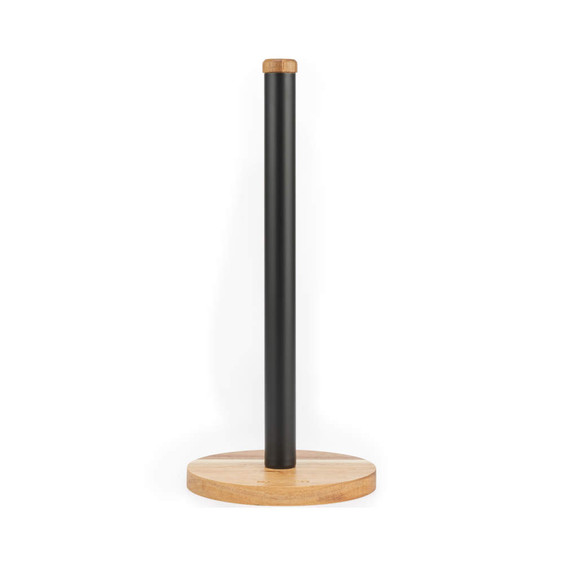 Black and wood kitchen towel holder, upright design on plain background