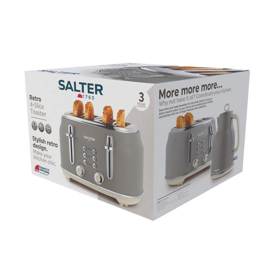 Box for Salter retro 4-slice grey toaster, product packaging with image and features.