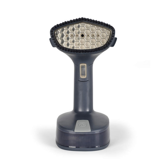 Handheld clothes steamer, dark grey with a metal plate and water tank, front view
