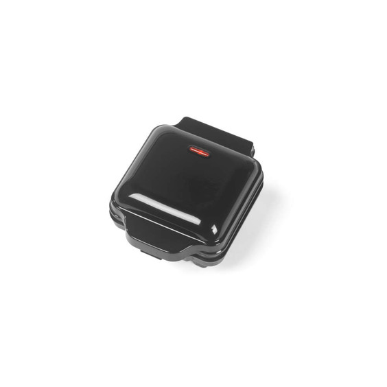 Black sandwich toaster with closed lid shown from above