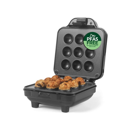 PFAS-free cake pop maker showing cooked cake pops in black nonstick tray