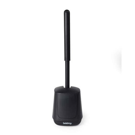 Black toilet brush with covered holder, shown upright on white background