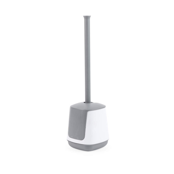 Grey and white toilet brush with holder, shown upright on plain background