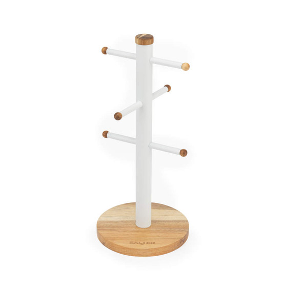 White and wood mug tree for kitchen worktop, holds six mugs.