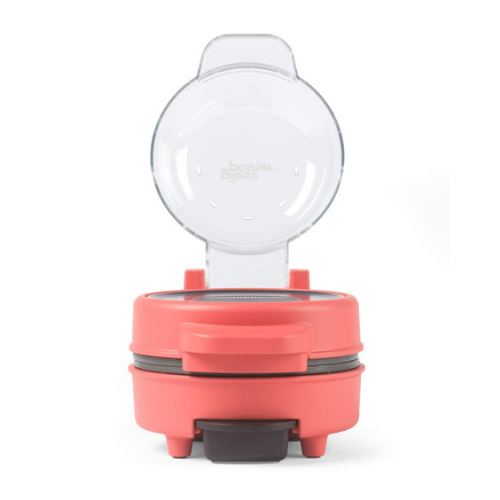 Red breakfast sandwich maker with open lid on white background