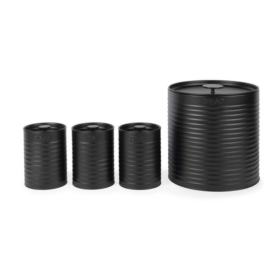 Set of four black metal kitchen storage canisters for bread, sugar, tea and coffee.
