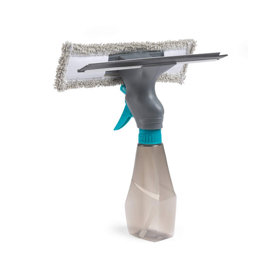 Window cleaning spray bottle with microfibre pad and squeegee, shown upright