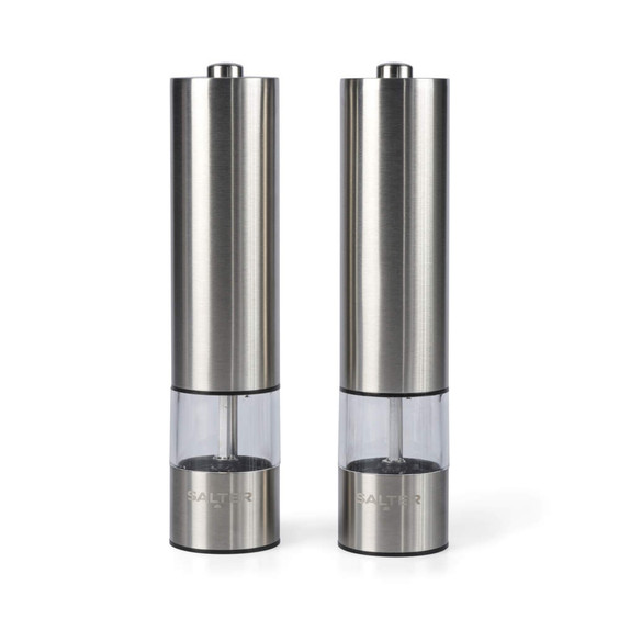 Stainless steel electric salt and pepper mill set, cylinder shape, clear base section