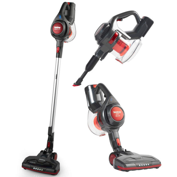 Cordless stick vacuum cleaner shown in three cleaning modes, black and red