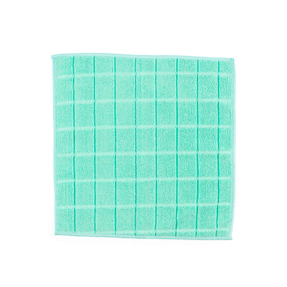 Light turquoise microfibre cleaning cloth with a checked pattern, flat lay view