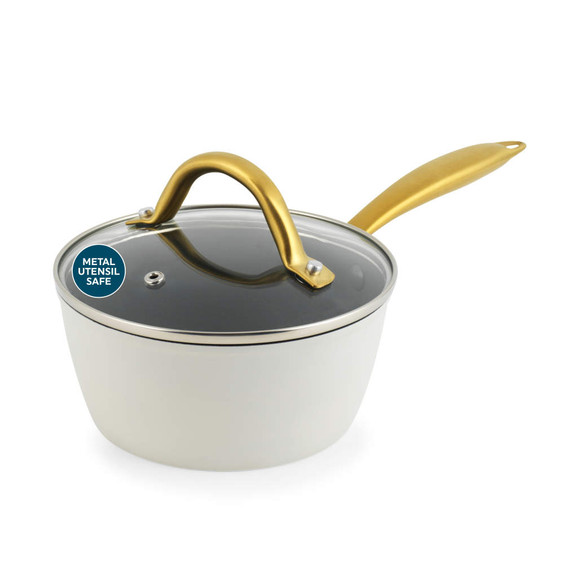 Cream saucepan with glass lid and gold handle