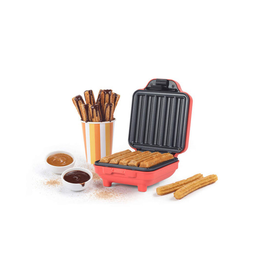 Red churro maker filled with churros, served with two dipping sauces and extra churros