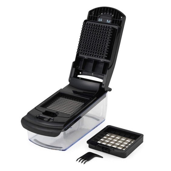 Black vegetable chopper with interchangeable grid blades and cleaning comb