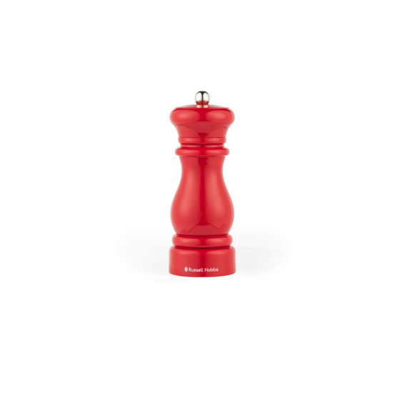 Red manual pepper mill with Russell Hobbs branding, shown upright on white background
