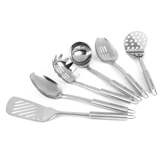 Set of 6 stainless steel kitchen utensils, including slotted turner, ladle and pasta spoon.