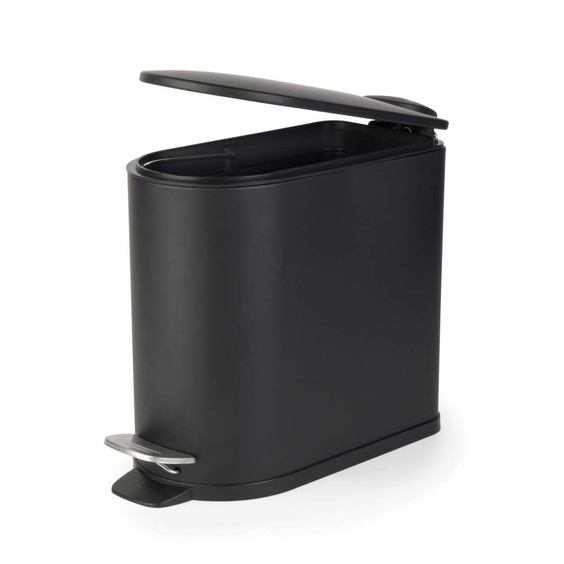 Black rectangular pedal bin with open lid, shown from angle to highlight design.