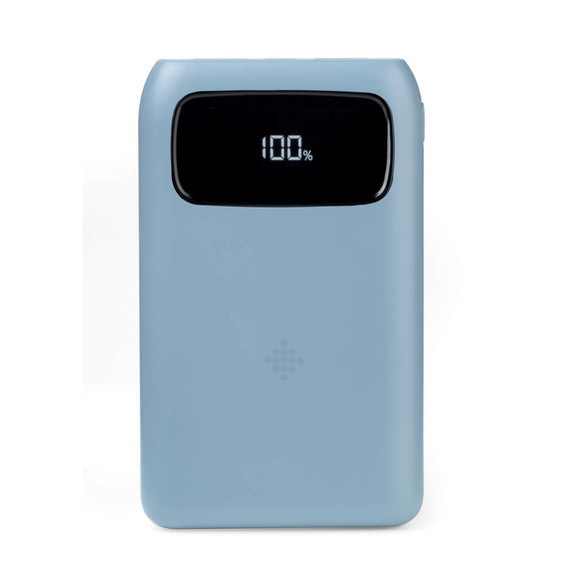Light blue portable power bank with digital display showing 100 percent charge
