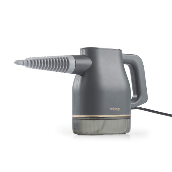 Grey handheld steam cleaner with pointed nozzle shown from the side