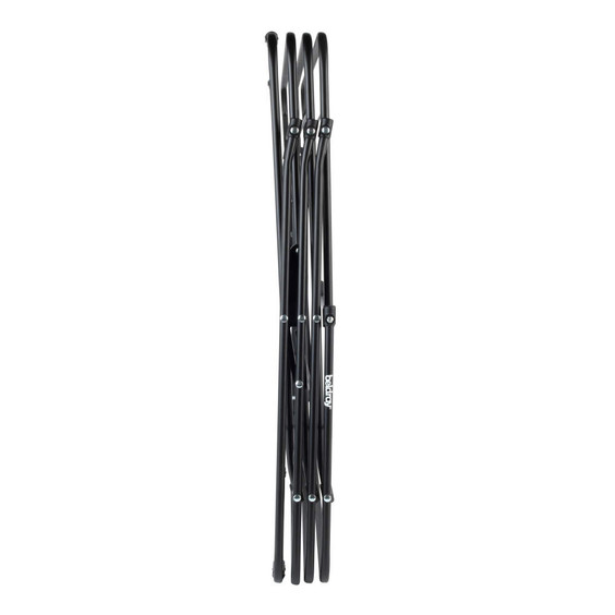 Black foldable metal chair shown folded for storage