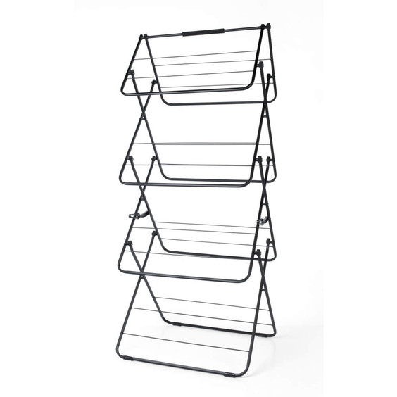 Black folding clothes airer with three tiers, shown open on white background