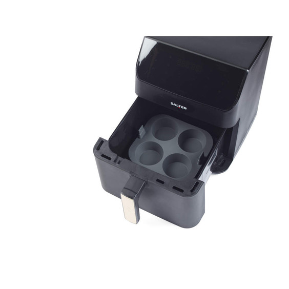 Salter air fryer drawer with four grey silicone muffin moulds inserted