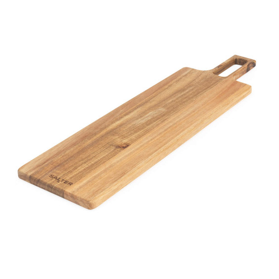 Rectangular acacia wood serving board with handle, branded Salter