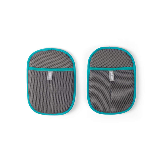 Pair of grey mesh travel pouches with teal trim, shown flat front view