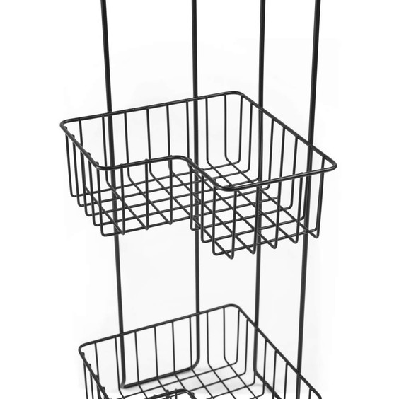 Black metal corner shower basket, wire frame, two tiers, shown close up.