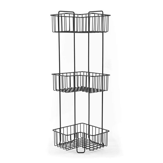 Black three-tier corner shower caddy with open wire design