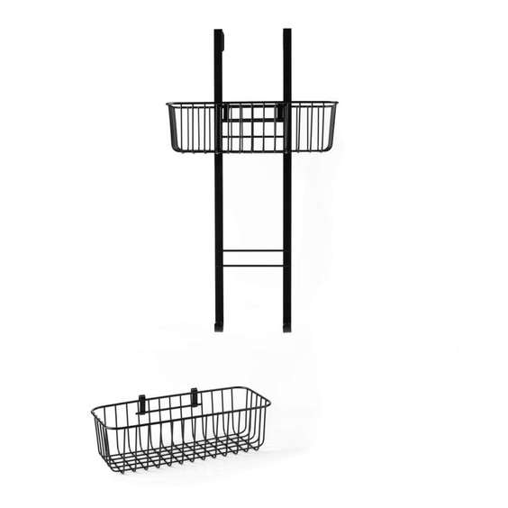 Black metal hanging shower caddy with removable basket, shown front view.