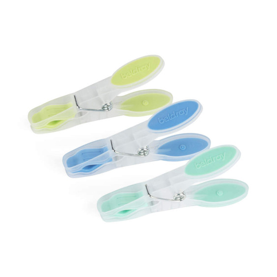 Pack of 3 pastel clothes pegs with Beldray logo in blue, green and yellow