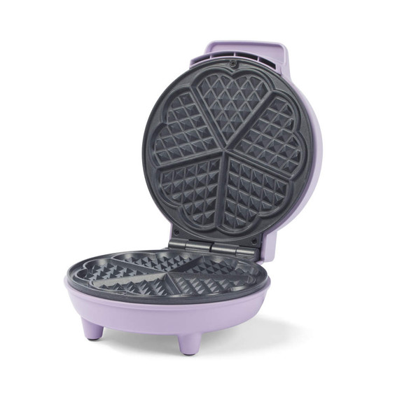 Purple heart-shaped waffle maker, open to show cooking plates