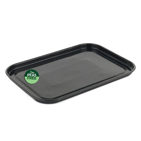 Black rectangular oven tray, PFAS free badge visible