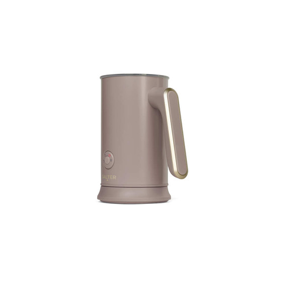 Milk frother in matte brown with angled handle, side view