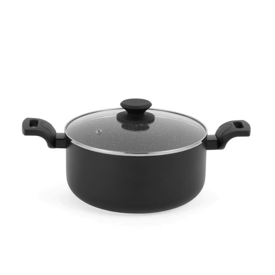 Black non-stick casserole pan with two handles and glass lid