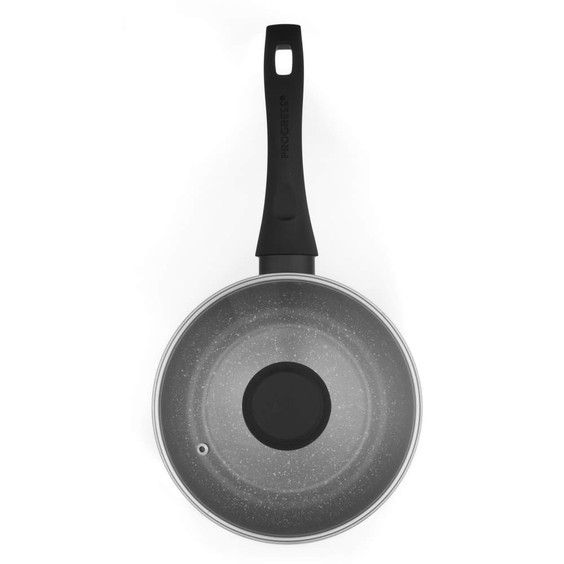 Grey non-stick saucepan with black handle, top-down view