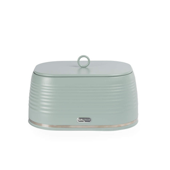 Sage green bread bin with lid, featuring ribbed sides and Salter logo.