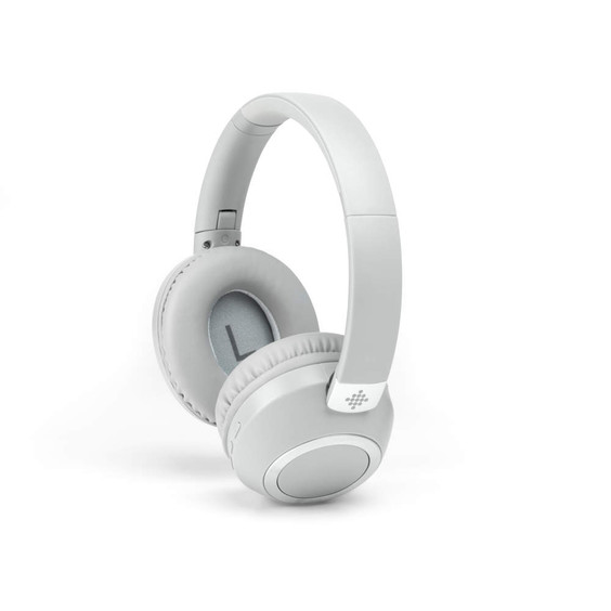 Grey over-ear wireless headphones, left earcup visible, angled on white background