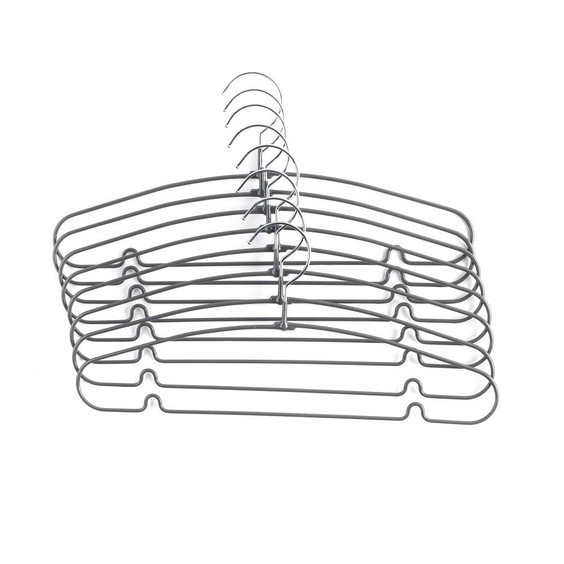 Set of six grey metal clothes hangers for wardrobe storage