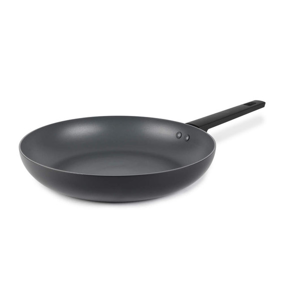 Black non-stick frying pan with long handle, shown from above on white background
