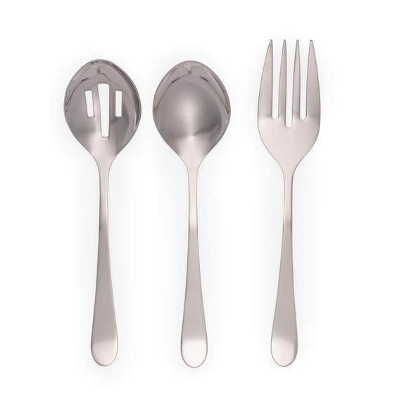 Three-piece silver serving set with slotted spoon, large spoon, and serving fork.