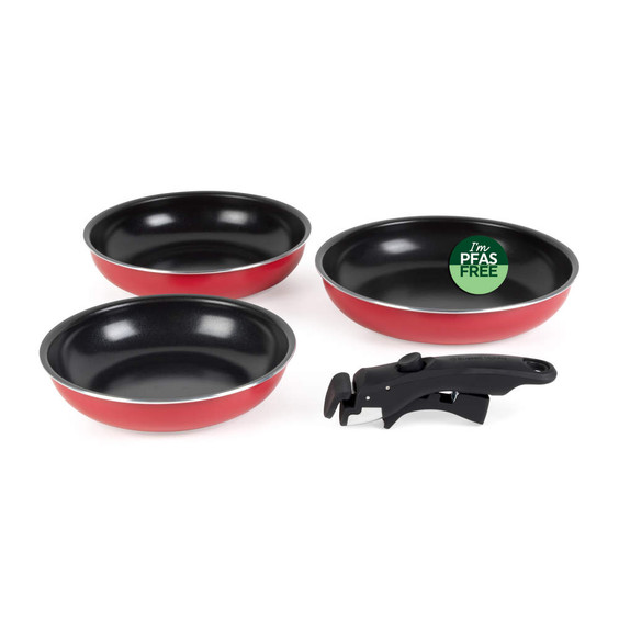 Set of three red non-stick frying pans with removable handle, PFAS free.