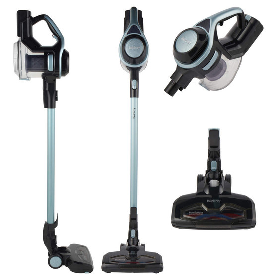 Cordless stick vacuum cleaner, light blue and black, shown from multiple angles