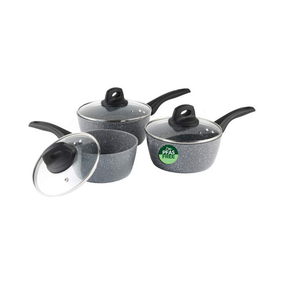 Set of three grey non-stick saucepans with glass lids, PFAS free label visible