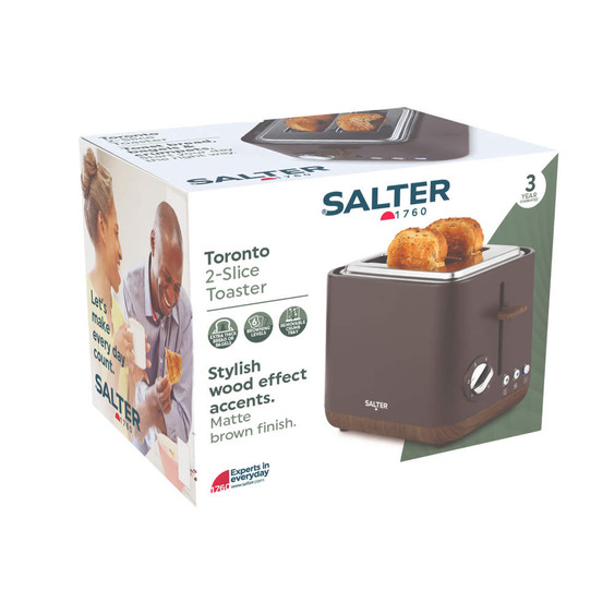 Salter Toronto 2-slice toaster packaging showing matte brown wood effect accents.